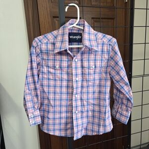 Wrangler Toddler Boys Button Down Plaid Shirt - Pink and Blue